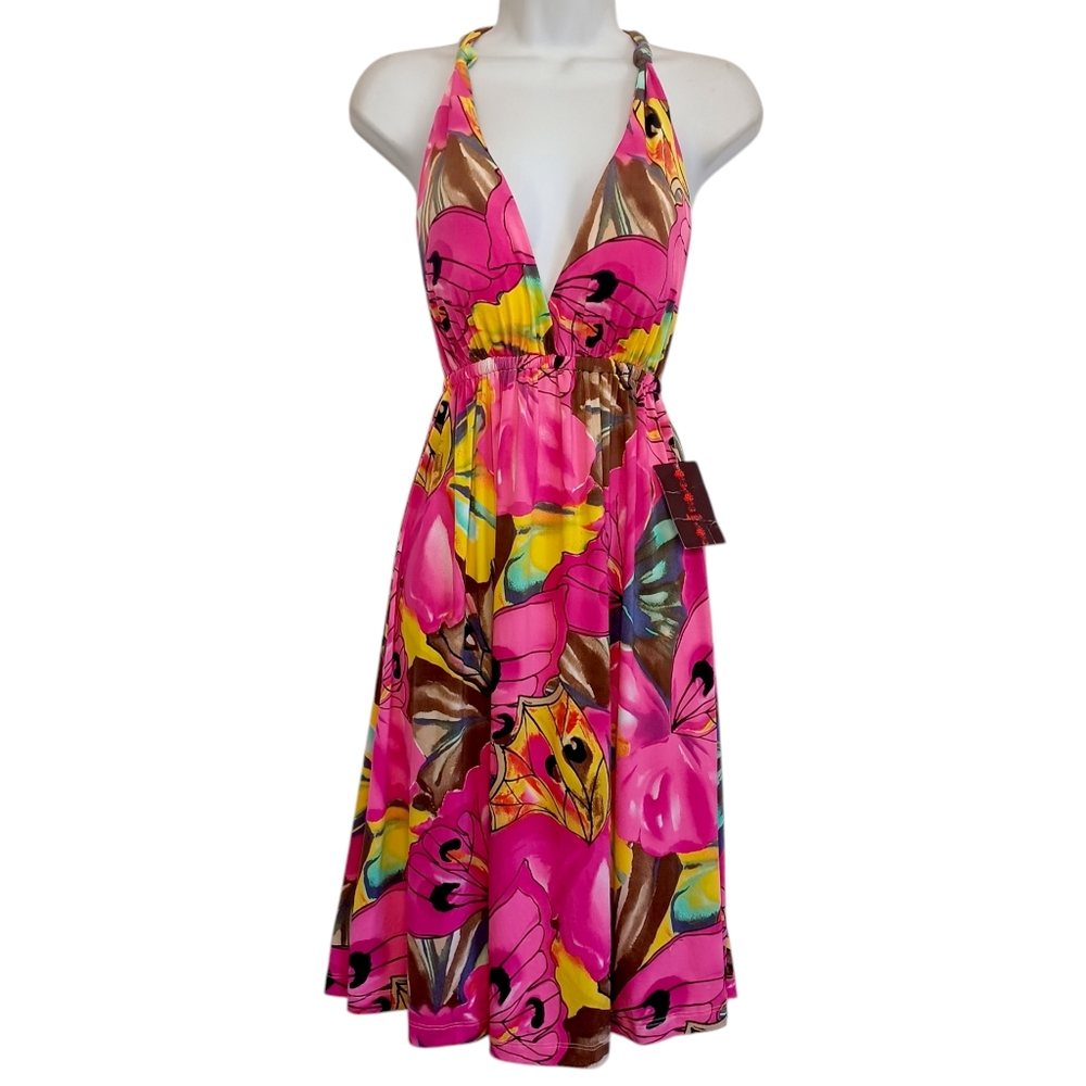 KONA Dress Small Tropical Pink Floral Print Racerback Stretchy Mini Summer NWT